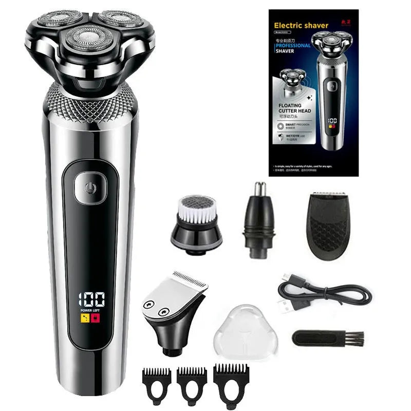 Digital display USB rechargeable beard trimmer with floating cutter head on five-in-one base bracket