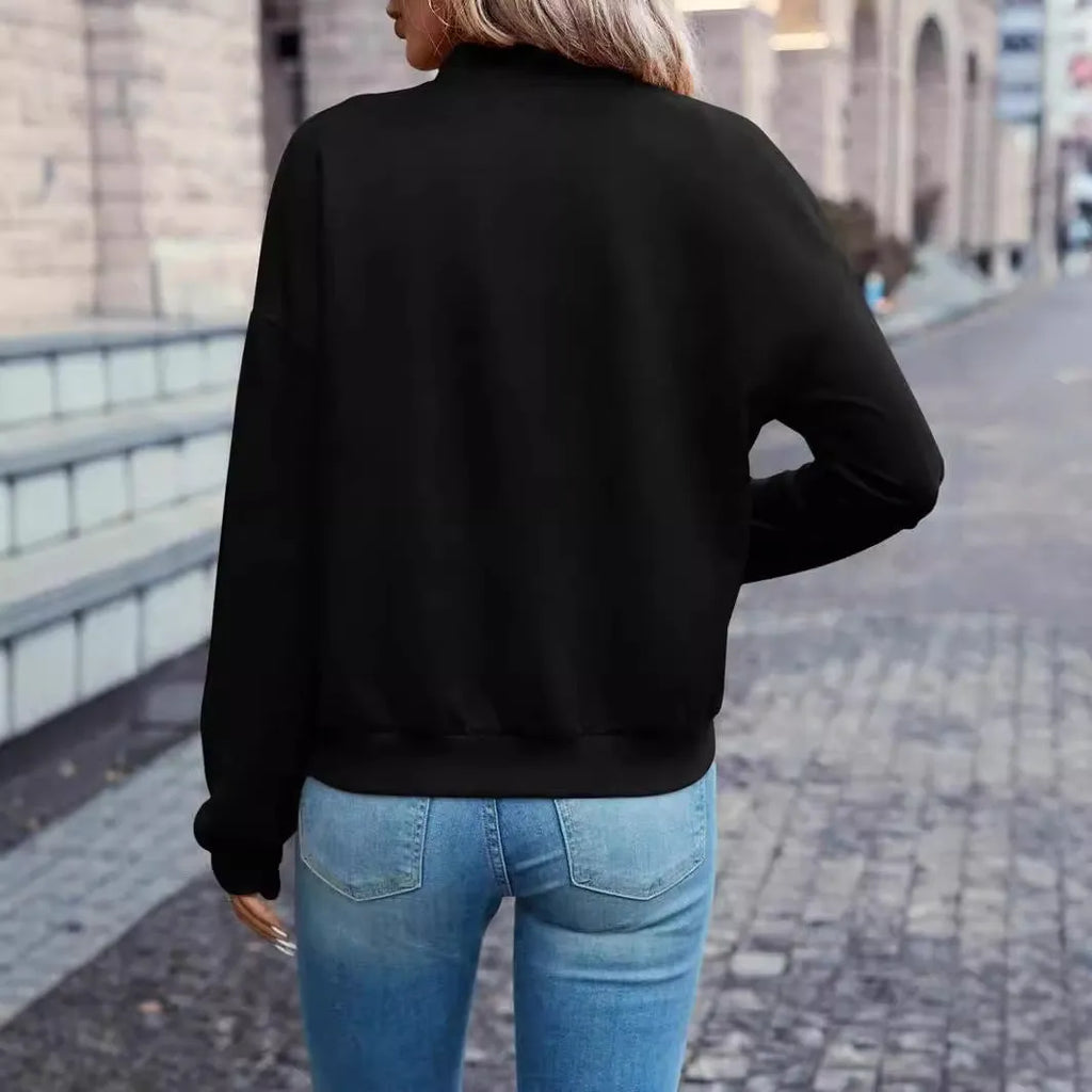 Black women's zip jacket with long sleeves for casual autumn winter wear