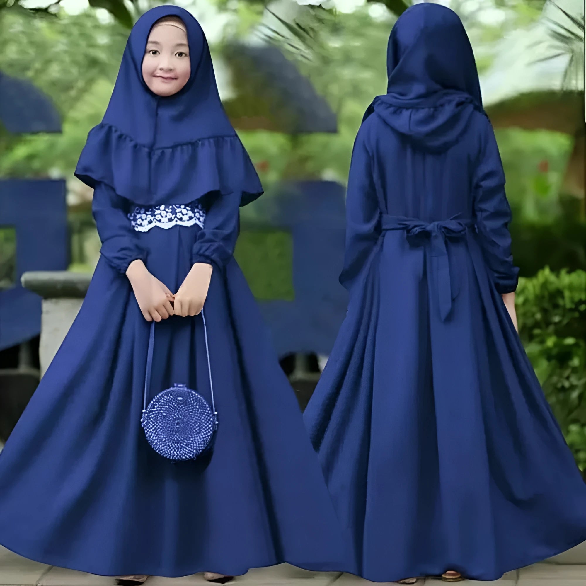Girls cotton A-line dress and headscarf set in dark blue for heights 70-140 yards