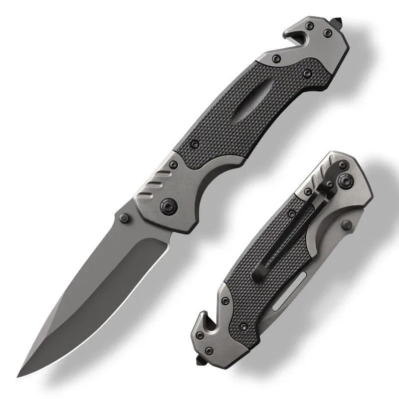 Alloy folding pocket knife shown open, highlighting blade and handle with choice of finish.