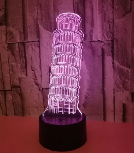 Leaning Tower of Pisa 3D acrylic LED nightlight showing multicolour illumination on black base
