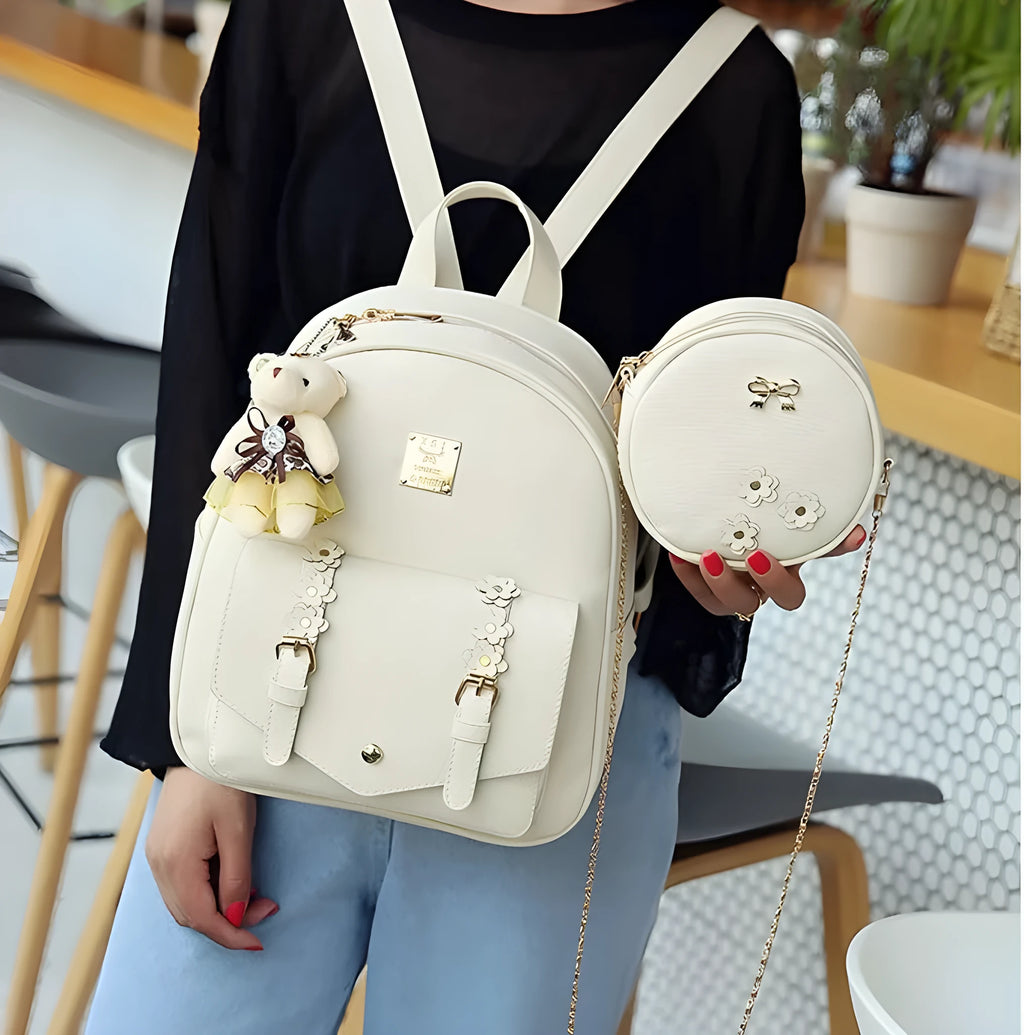 Three-piece women's bag set with floral backpack, shoulder bag and card holder