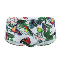 Men's floral and bird print nylon swimming trunks in boxer brief style.