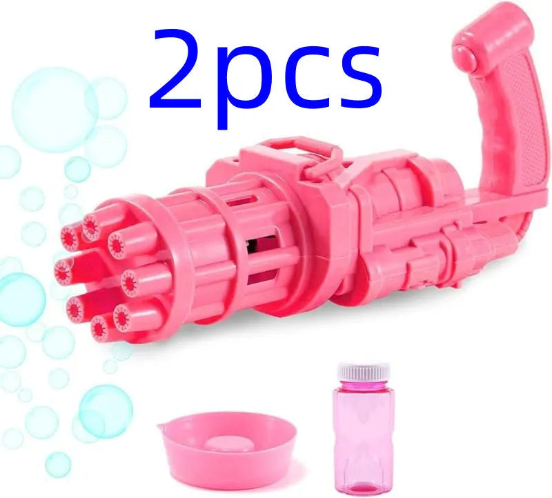 Realistic pink bubble machine gun toy for kids on a green lawn.