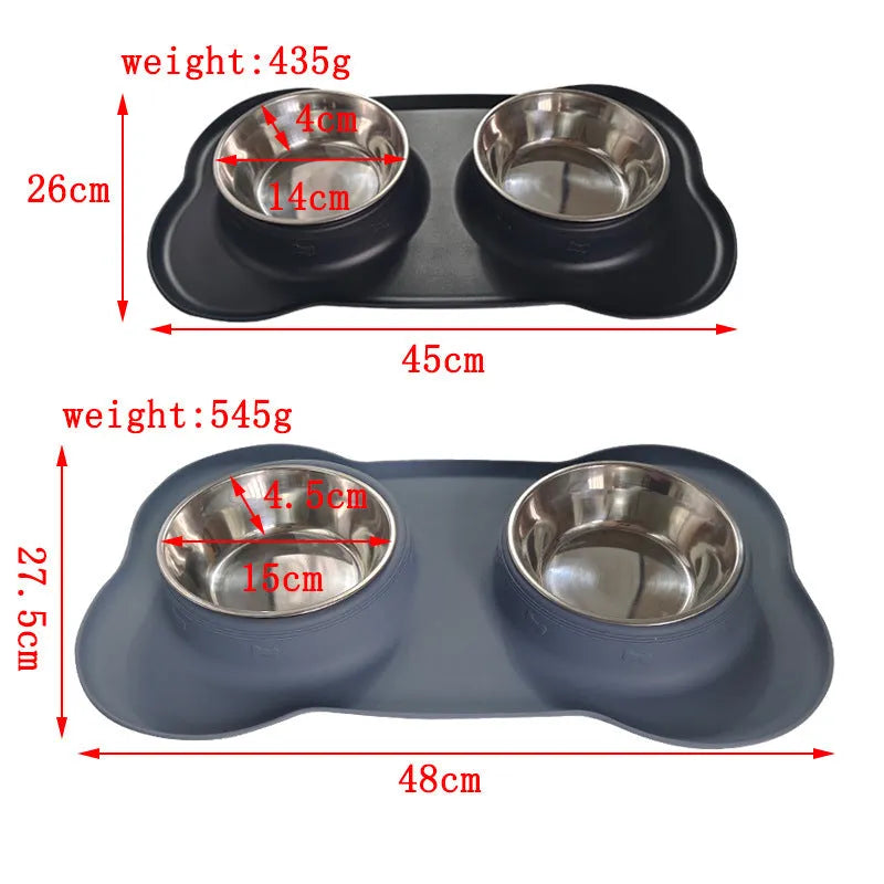 Large silicone dog bowl with stainless steel insert in double bowl configuration for pet feeding