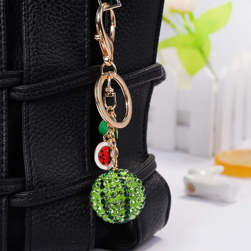 Green zinc alloy watermelon keychain with diamond detailing, 12cm size with metal ring