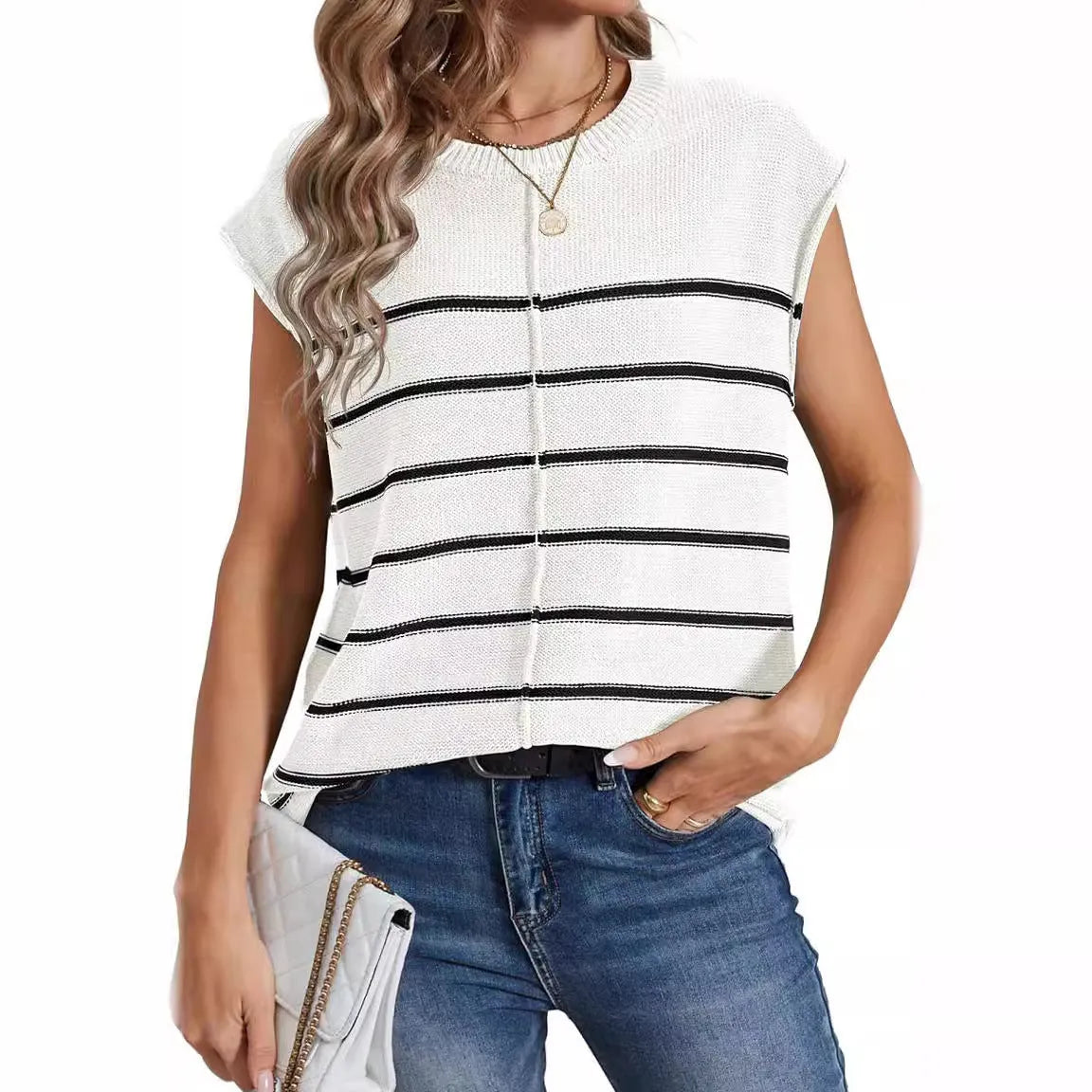 Women's striped sleeveless pullover vest top with bone stitching detail on seams