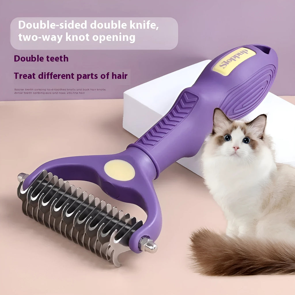 Purple double-sided plastic dog comb for grooming and untying knots, showing ergonomic handle.