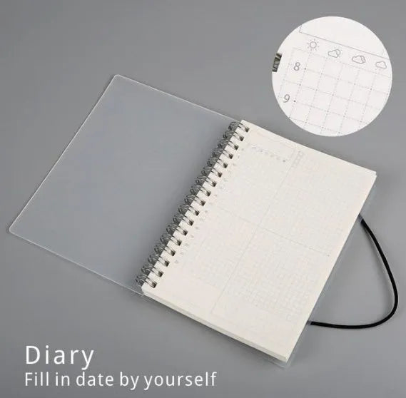 Plastic cover spiral coil notebook with transparent PVC cover, elastic rope closure, and cream paper pages