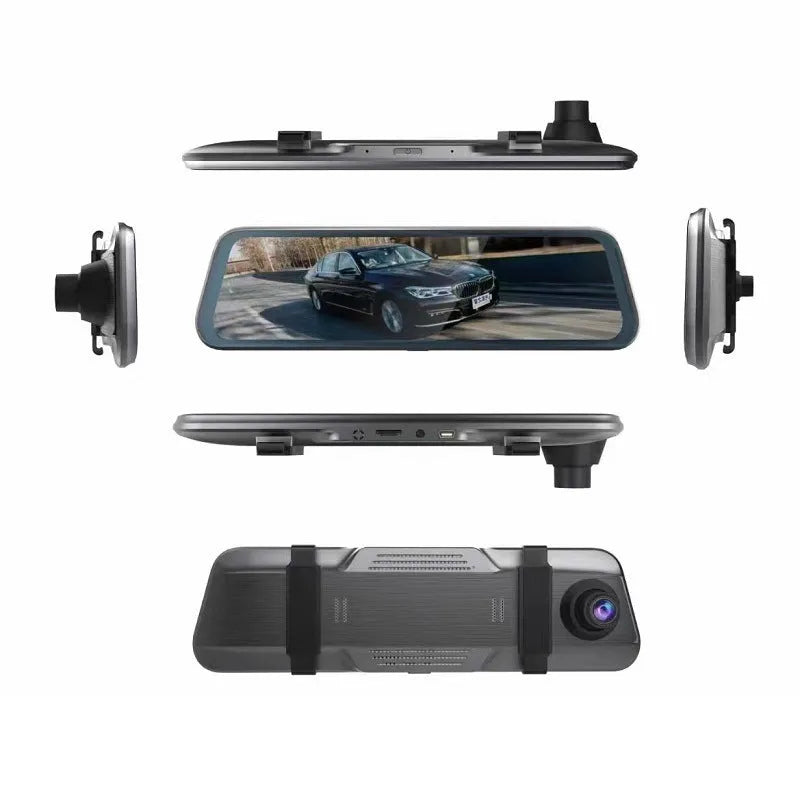 Black rearview mirror driving recorder with large touchscreen display mounted in a car