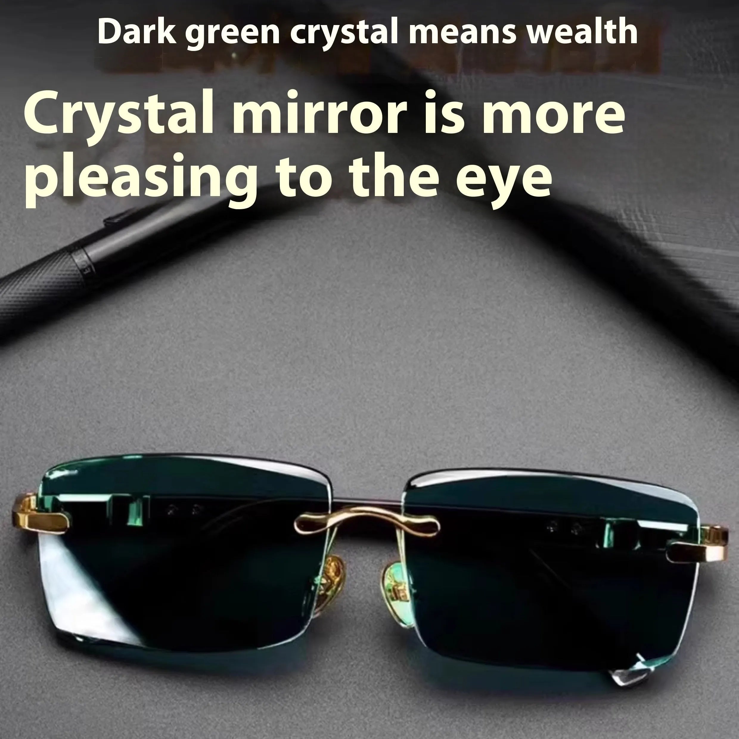 Dark green frameless sunglasses with a protective case and cleaning cloth.
