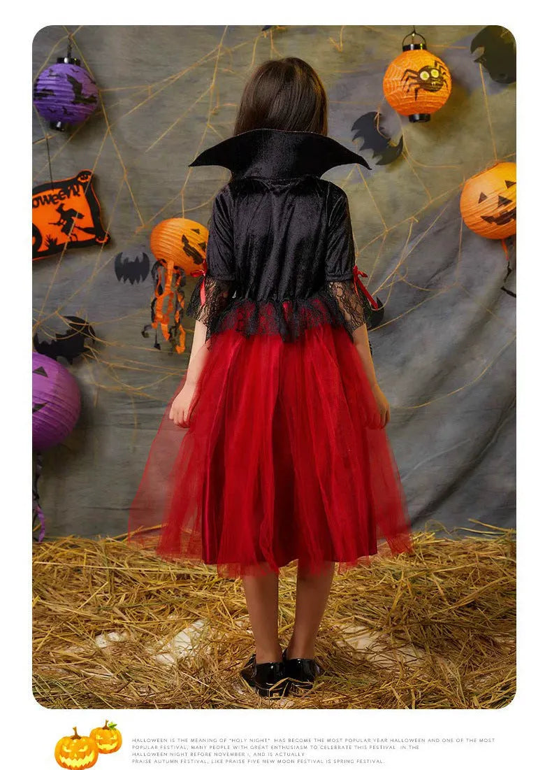 Unisex children's Halloween witch costume suit with cape and free headdress, polyester blend fabric, available in sizes 90-170cm