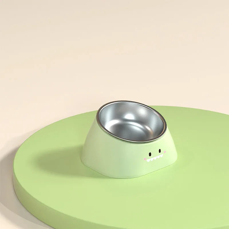 Green tilted stainless steel pet bowl with white PP base at 15-degree angle for cat or dog feeding