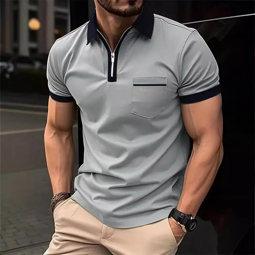 Men's loose-fit casual short-sleeve shirt with a zipper on the chest pocket, shown in a two-tone colour option.