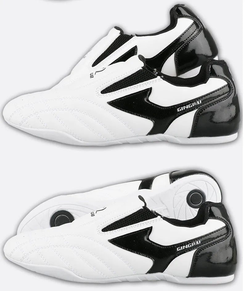 Black and white PU Taekwondo martial arts training shoes with a soft sole.