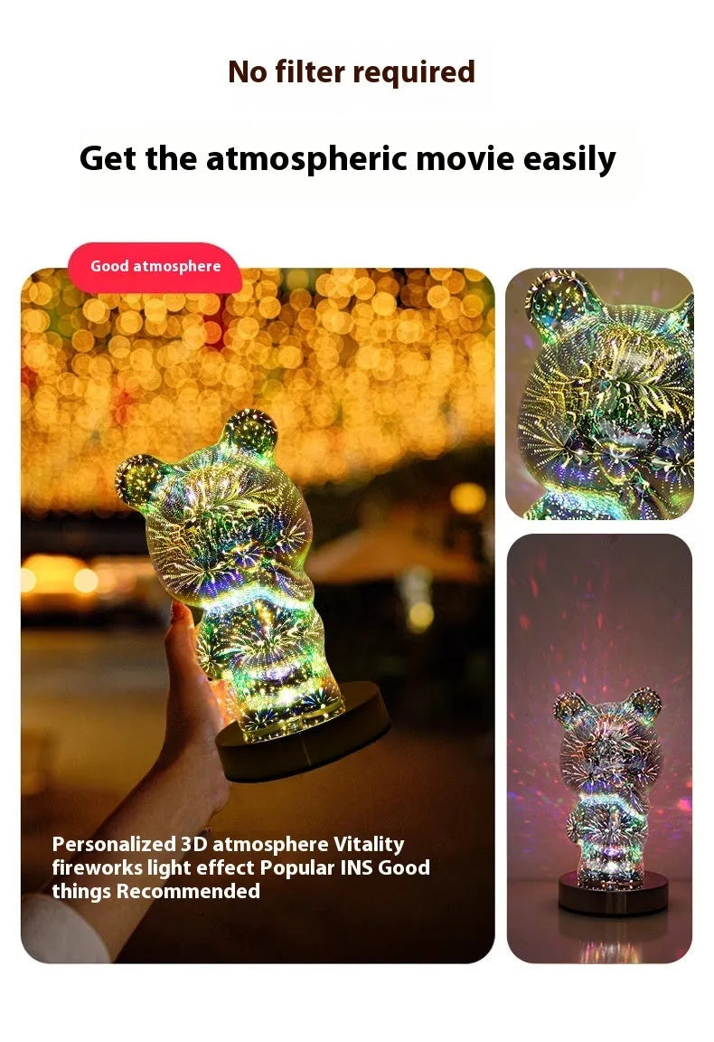 3D glass finger bear bedside lamp with multicoloured fireworks lighting effect