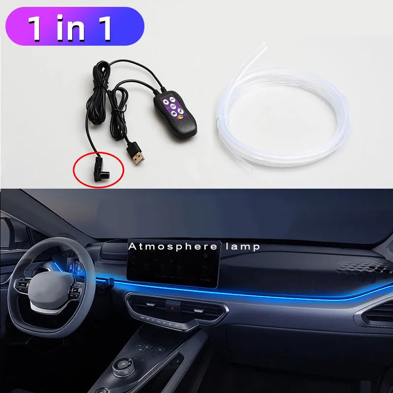 USB-powered colour changing LED ambient light strip for car dashboard and centre console illumination.