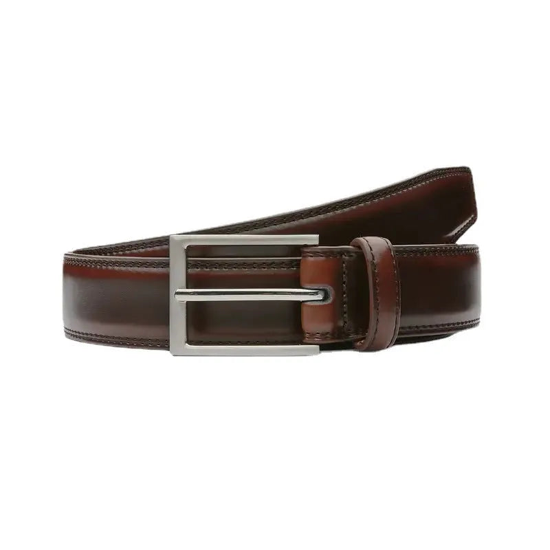 Men's brown genuine leather casual belt with alloy buckle showing 95-grain texture
