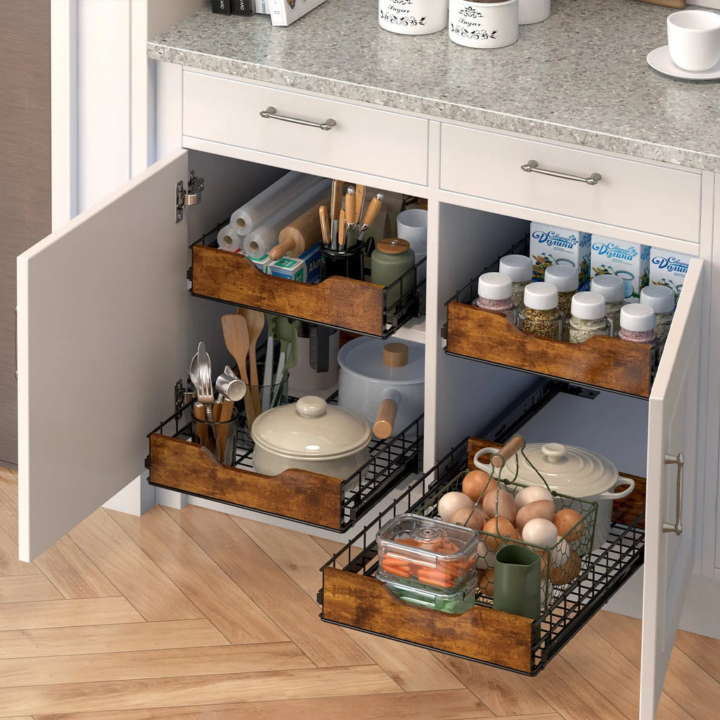 Black household storage basket drawer with wood and iron construction and pull basket design