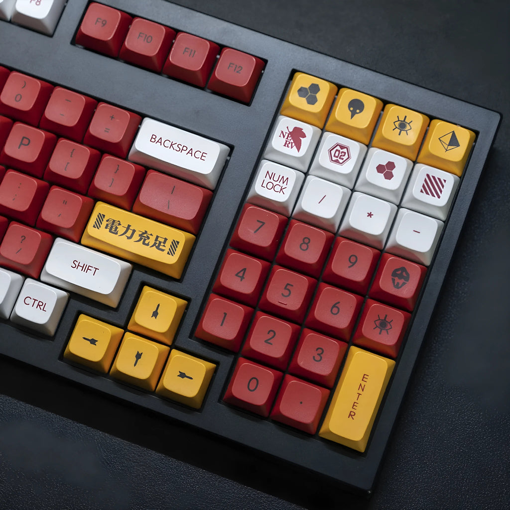 138-piece PBT key cap set with blue and pink boy and girl colour matching designs for mechanical keyboards.
