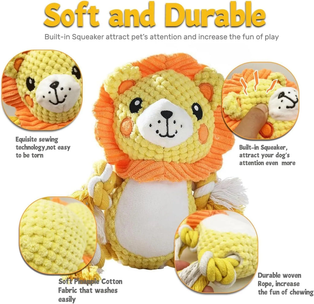 Lion and monkey shaped plush squeaky dog toys for medium and large breeds