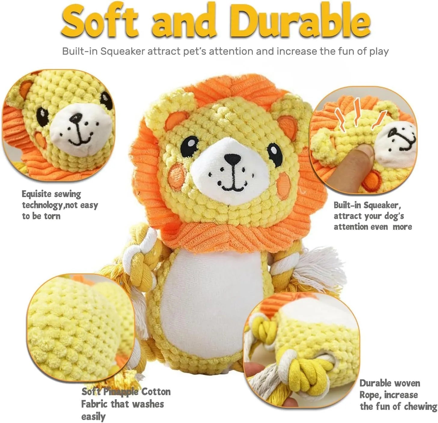 Lion and monkey shaped plush squeaky dog toys for medium and large breeds