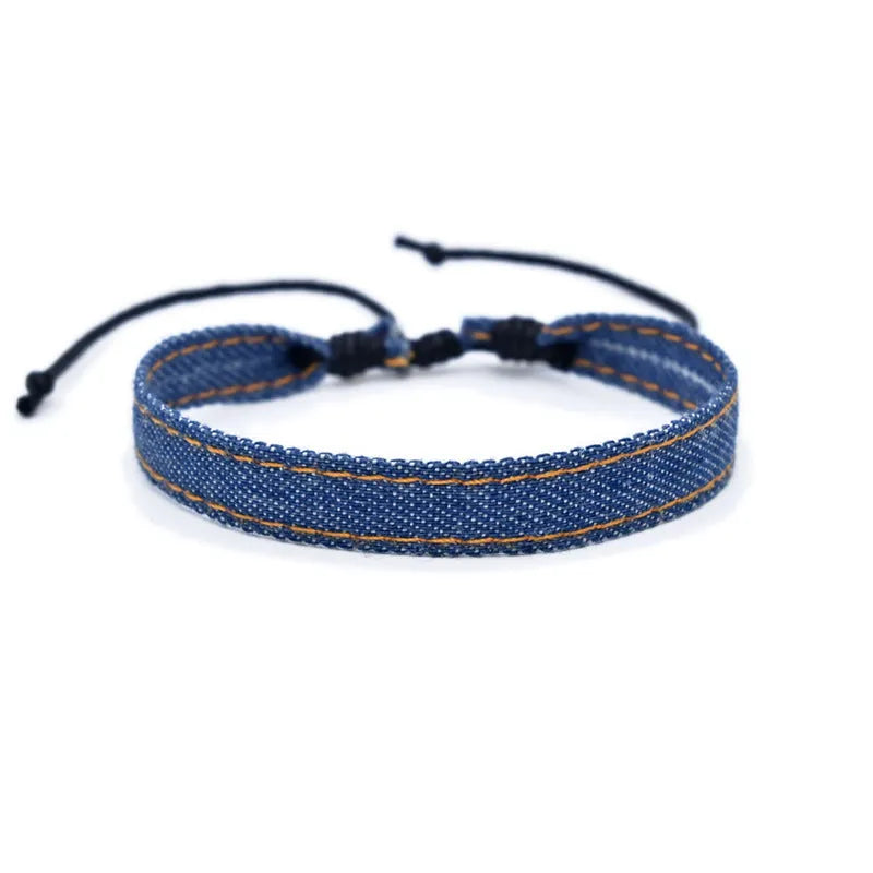Denim fabric bracelet carrying strap with mixed materials, unisex design for travel
