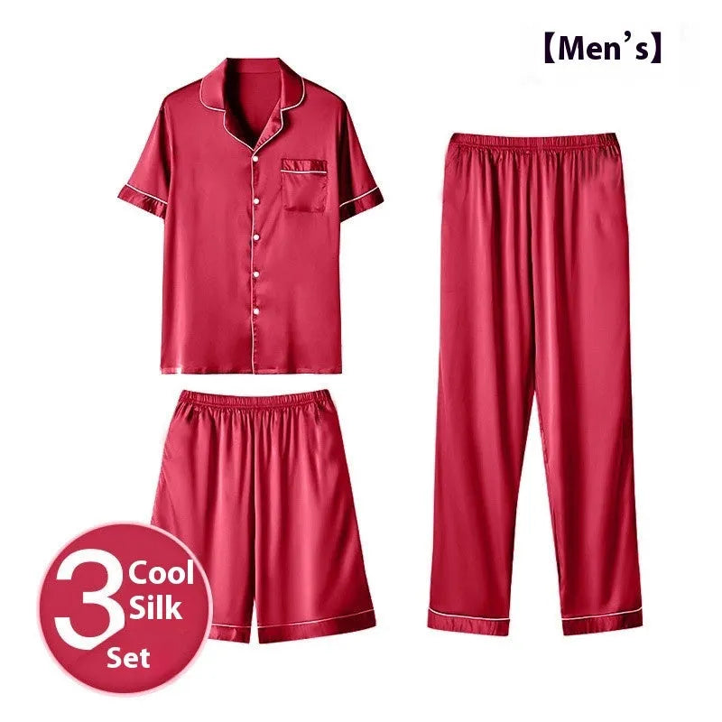 Men's thin ice silk three-piece home wear loungewear set in multiple colours, sizes up to 5XL.