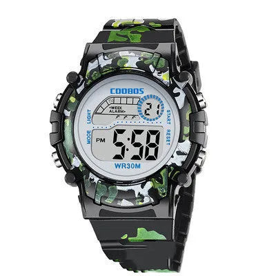 Children's electronic watch with 30mm round dial and silicone strap in blue colour on a child's wrist