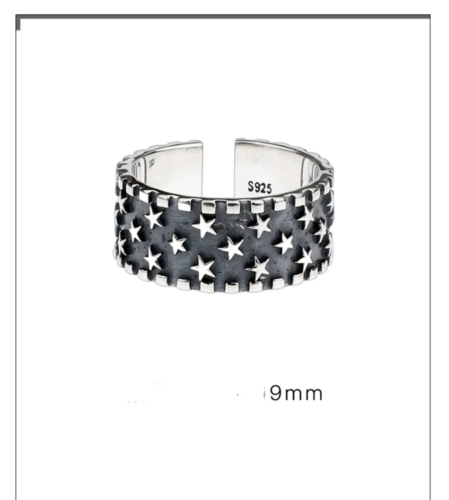 Adjustable sterling silver ring with a geometric five-pointed star pattern on a plain background.