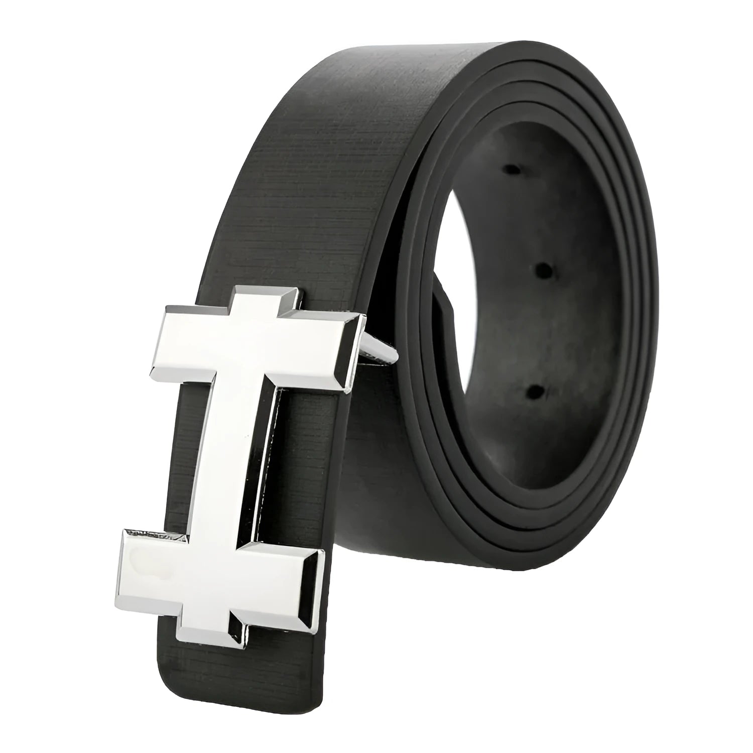 Neutral PU leather belt with rectangular alloy buckle in black, 110cm length