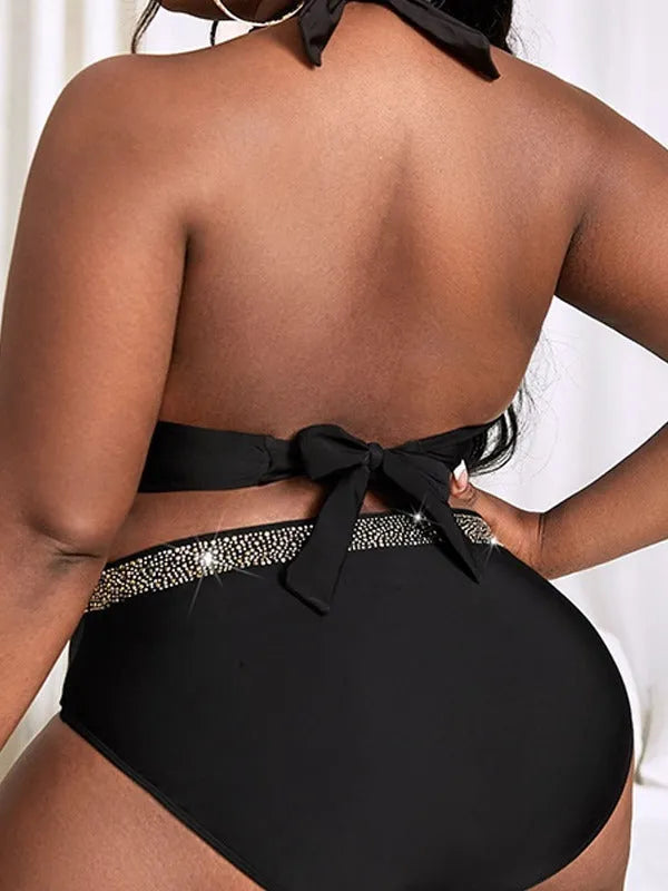 Black plus size women's polyester bikini swimsuit with bra and shorts, sizes 0XL to 4XL