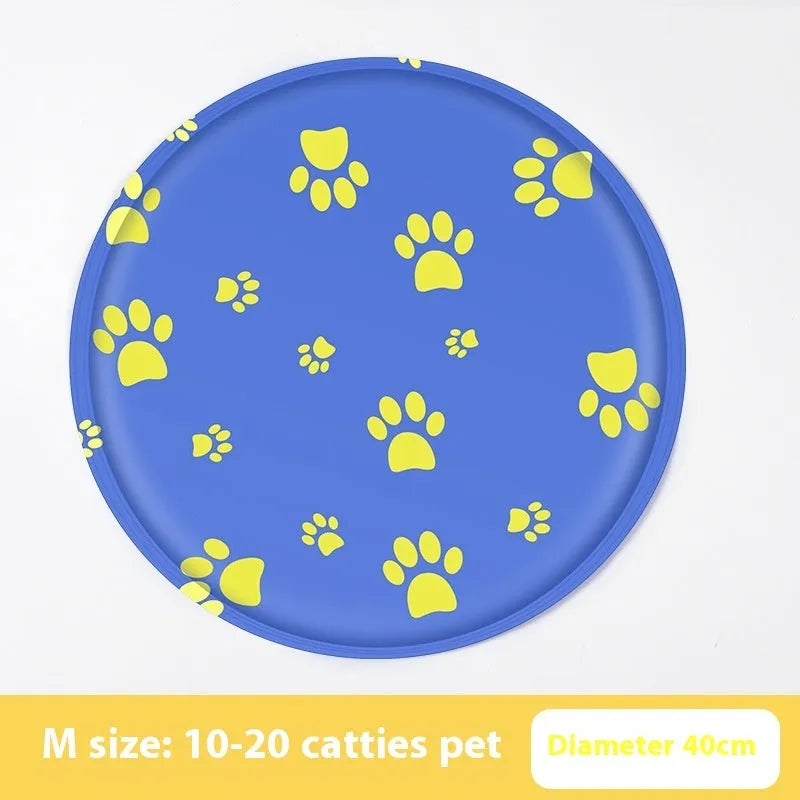 Round pet cooling ice pad with cartoon corgi design on blue background, showing 50cm diameter size.