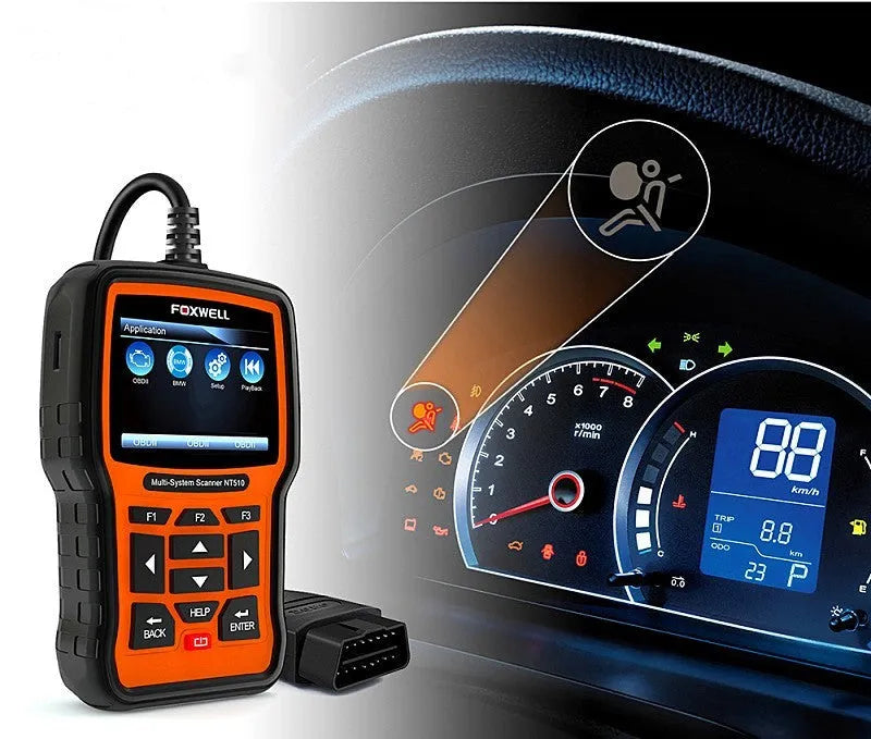 Foxwell NT510 orange and black automotive diagnostic scanner with data cable for vehicle fault detection