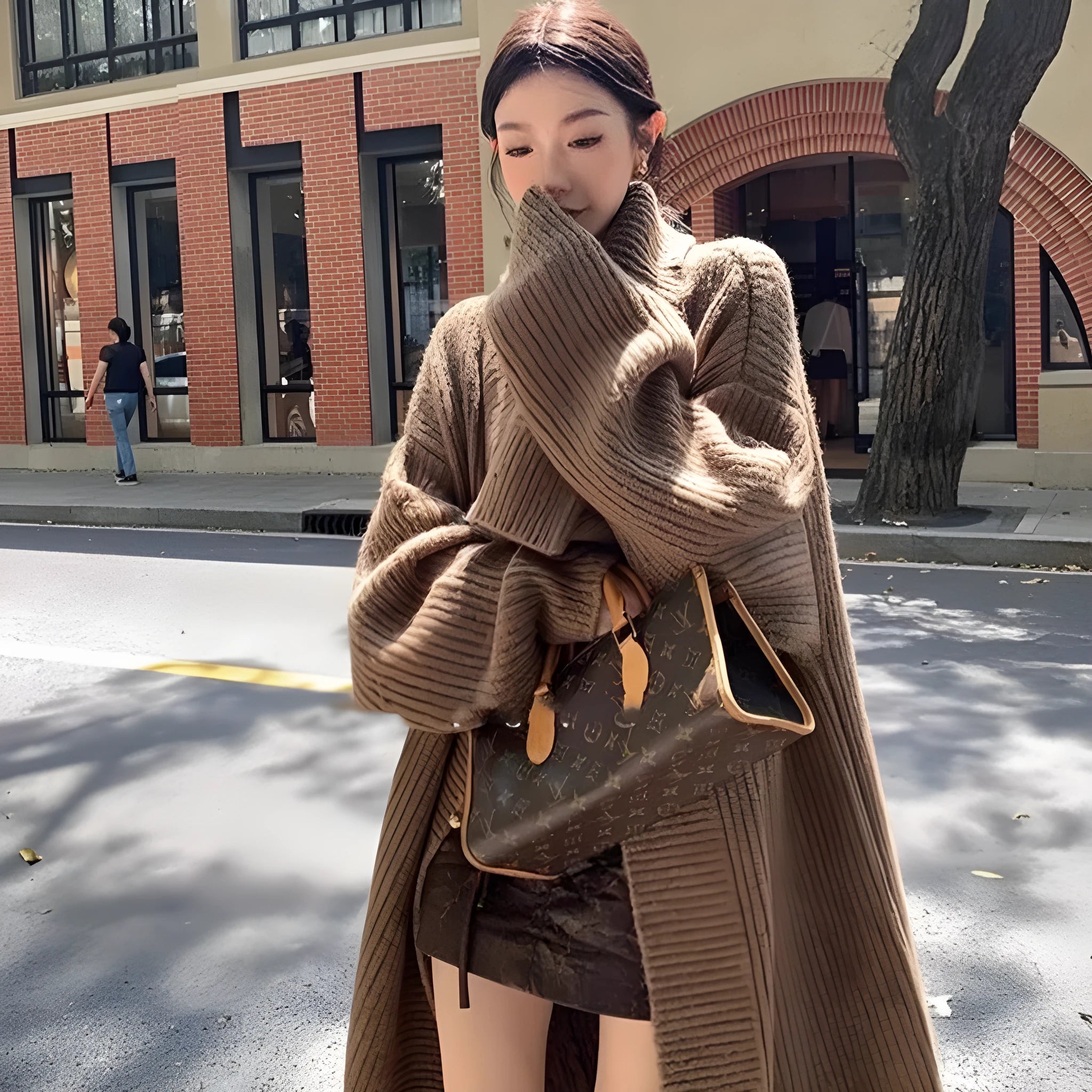Chenille large lapel long cardigan jacket for women, autumn winter, average size, colour camel