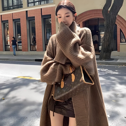 Chenille large lapel long cardigan jacket for women, autumn winter, average size, colour camel