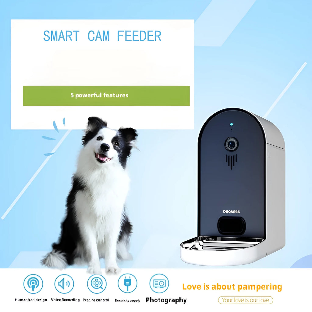Smart automatic pet feeder with smartphone app control and transparent food container.