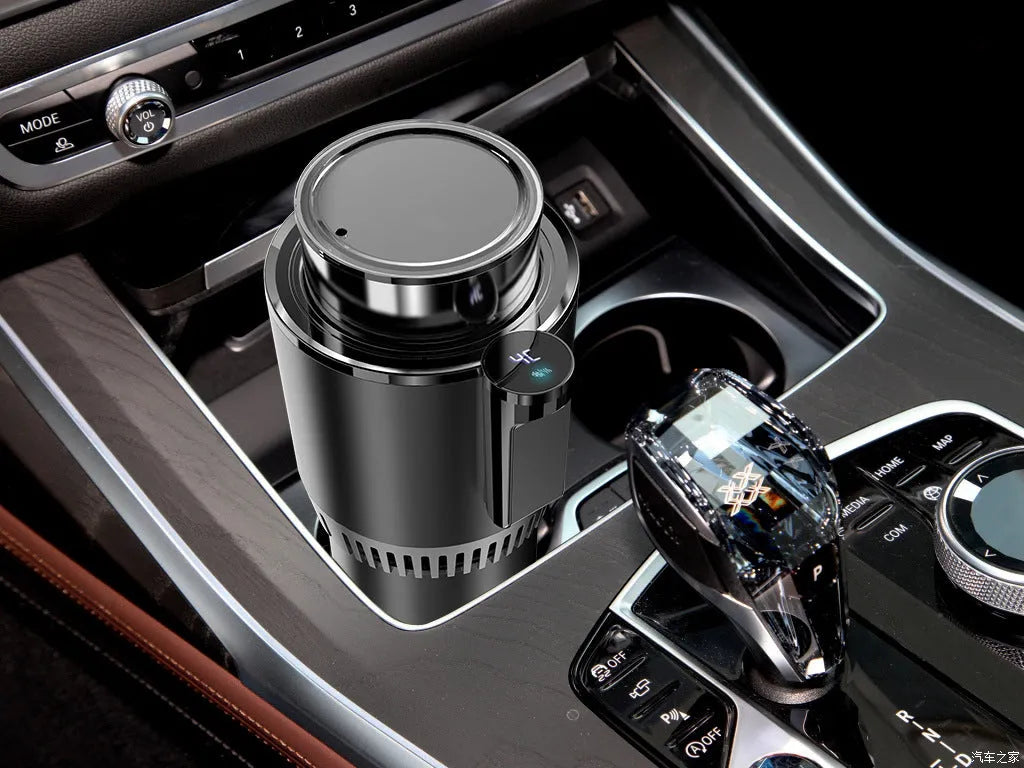 Smart hot and cold car cup in purple gold with aluminium interior and US plug adapter, 166mm height