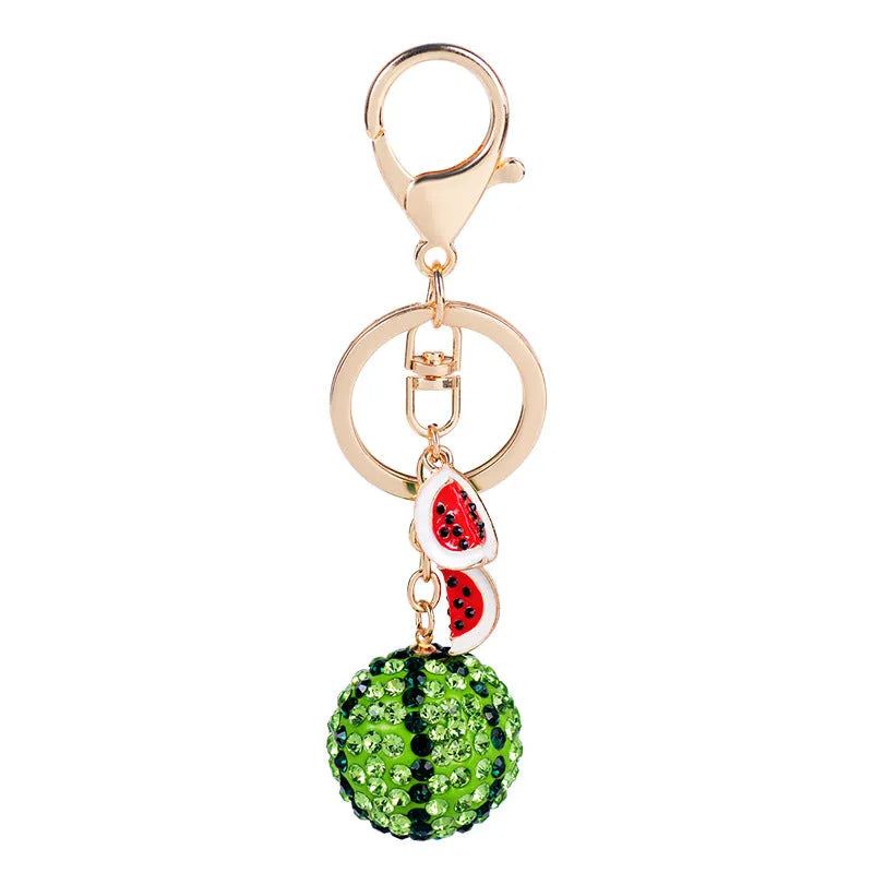Green zinc alloy watermelon keychain with diamond detailing, 12cm size with metal ring