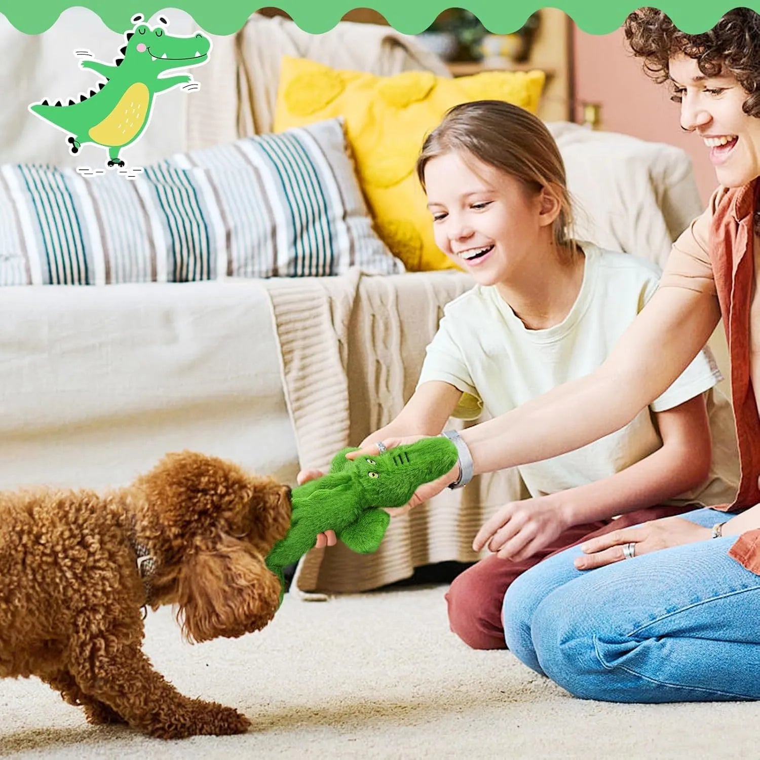 Green crocodile-shaped plush dog toy with no stuffing, for aggressive chewers