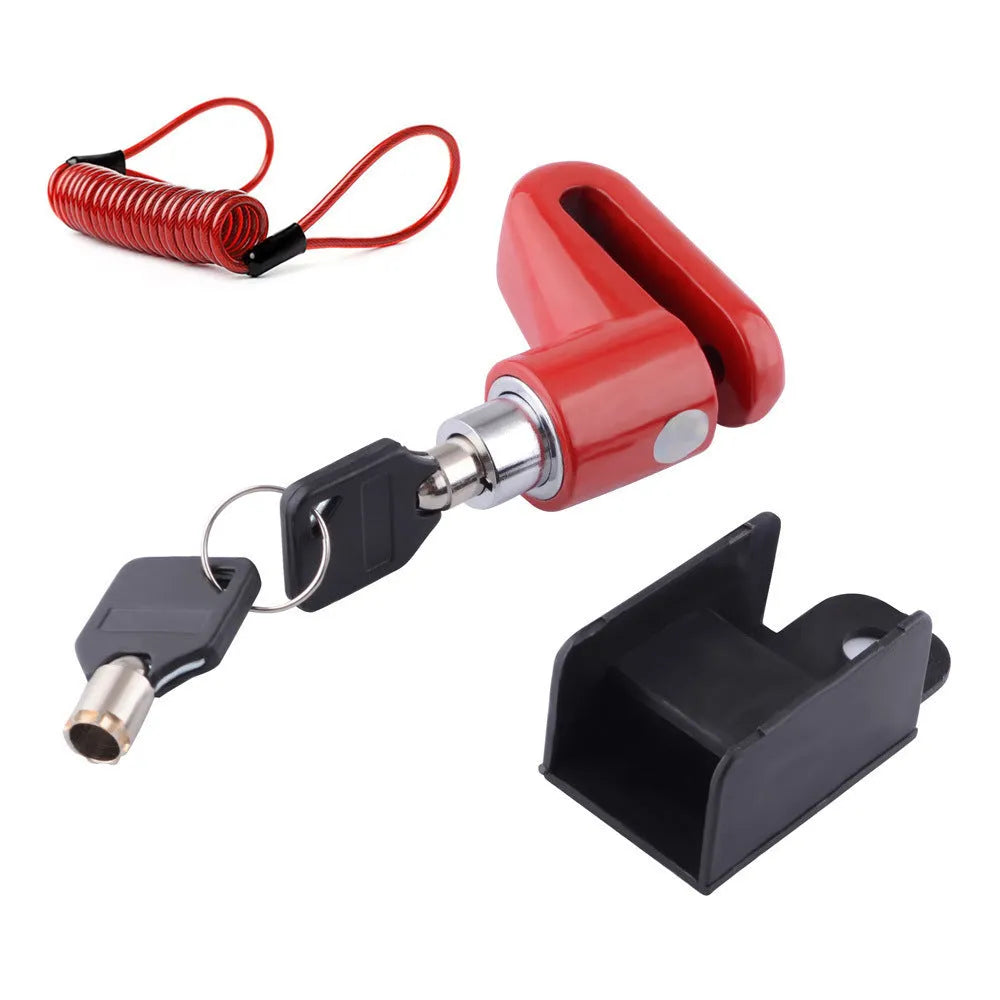 Iron disc brake lock for bicycle or mountain bike with red reminder rope on disc rotor
