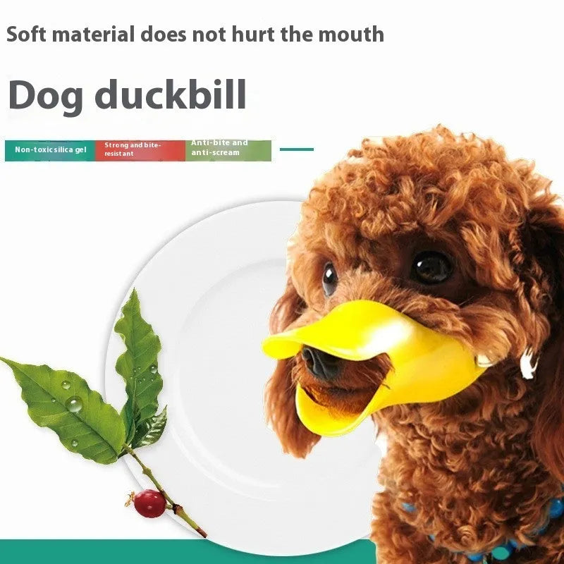 Silicone duckbilled dog muzzle in yellow on a small dog with adjustable strap