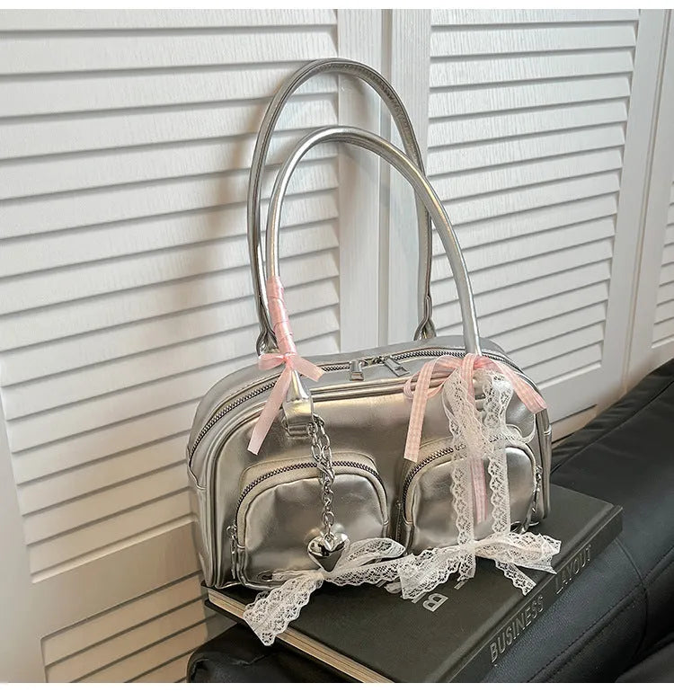 Soft PU shoulder bag in beige with cross-body strap and mobile phone pocket