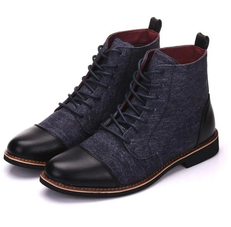 Men's black leather motorcycle boots with a buckle detail and rubber sole