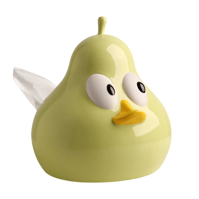 Ceramic pear-shaped tissue box holder with animal decoration in green colour