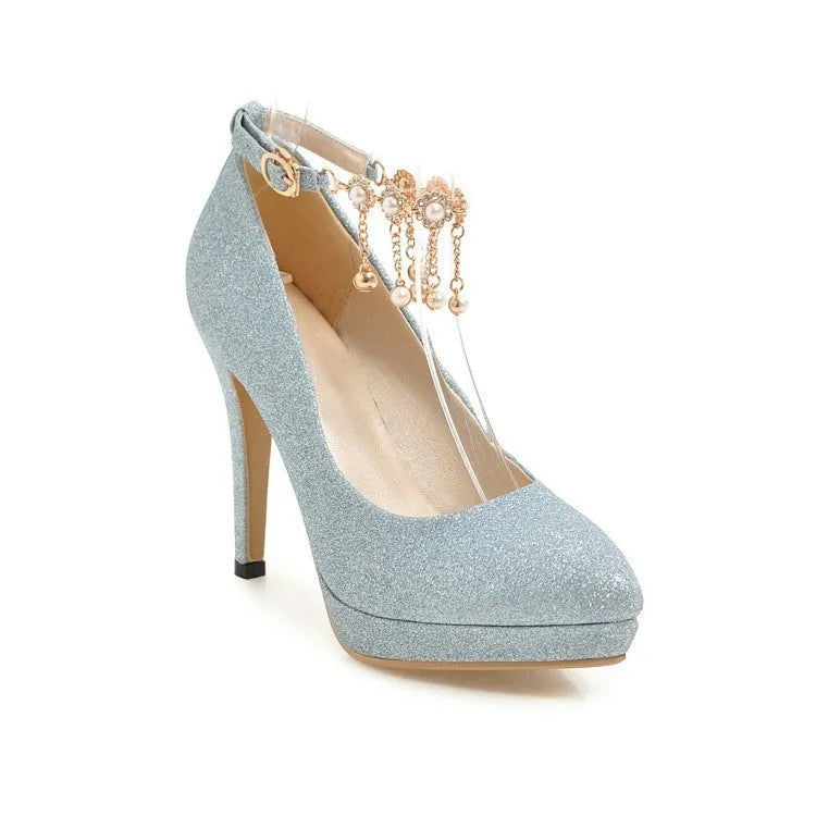 Women's solid colour platform stiletto heels with a pointed toe in blue, pink, gold, or silver.