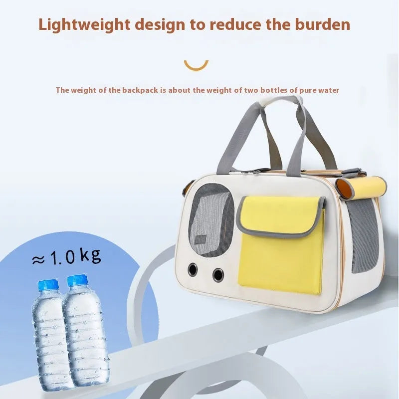 Foldable single shoulder pet carrier bag in canvas material showing large capacity design