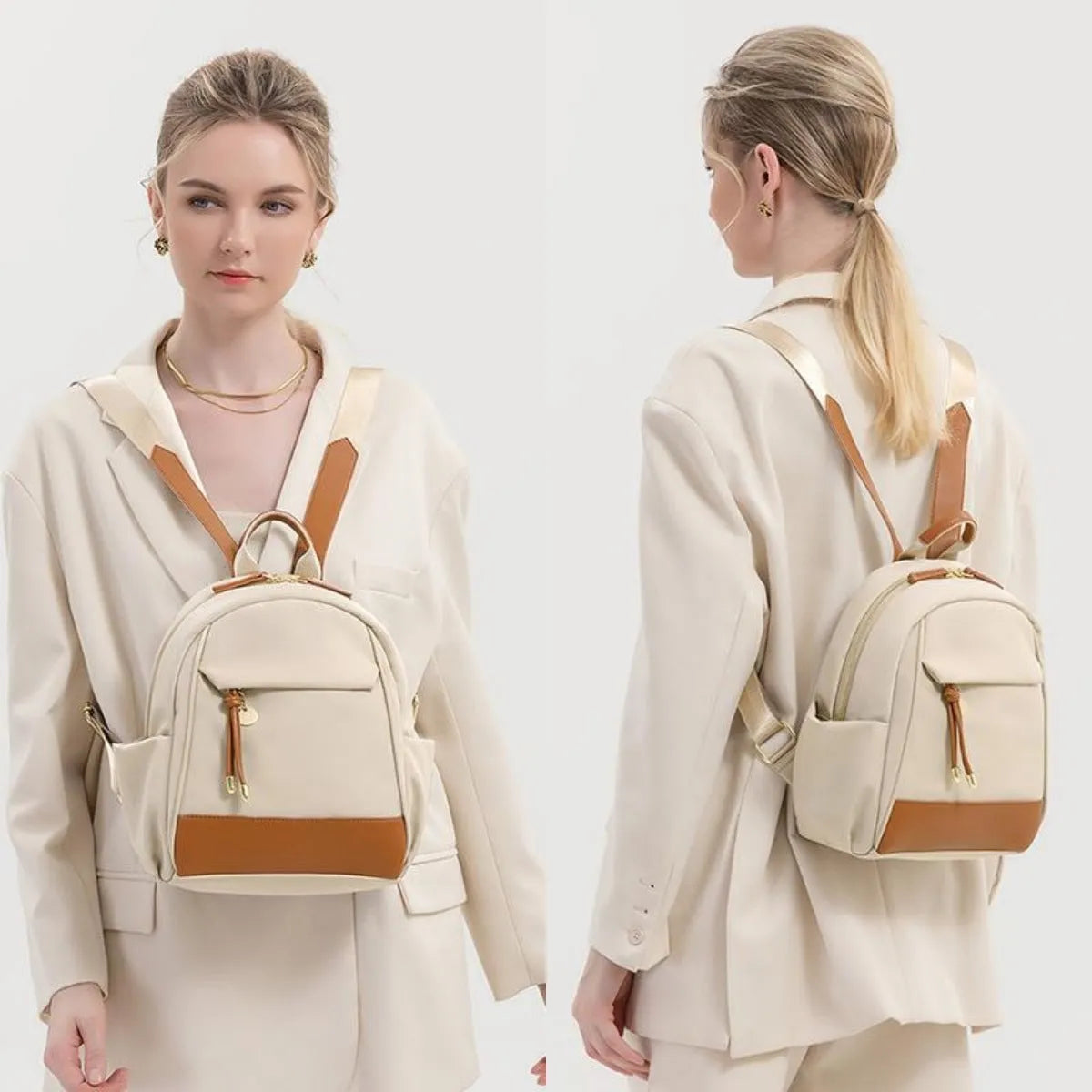 Women's double shoulder Oxford cloth backpack in almond colour with contrast stitching and open outer pocket