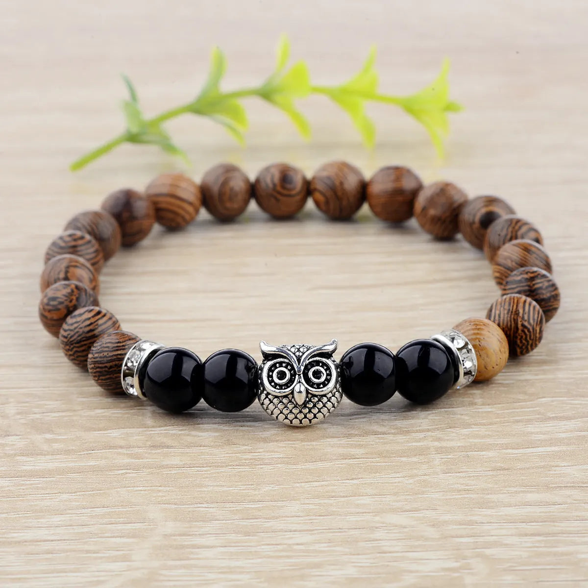Owl frosted stone lifeline wood grain bracelet with wood beads alloy stone in black and gold colour options