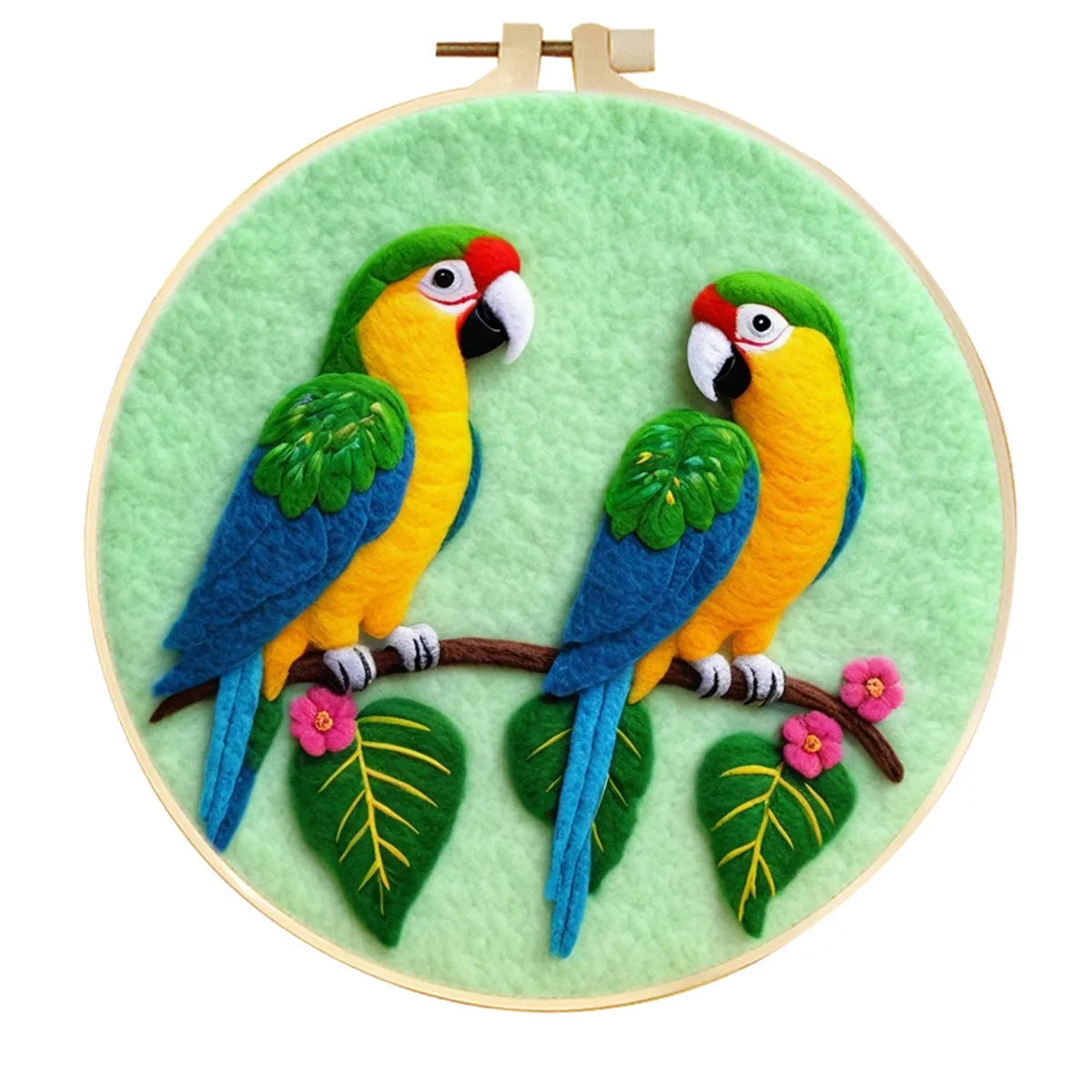 Round 20x20 cm linen embroidery kit with wool felt pieces for floral design and included embroidery frame.